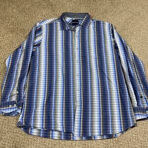 Tommy Bahama Shirt Mens L Checkered Striped Geometric Office Blue Button Up